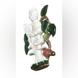 Vintage Geisha Green and Gold Brooch with White Figurine